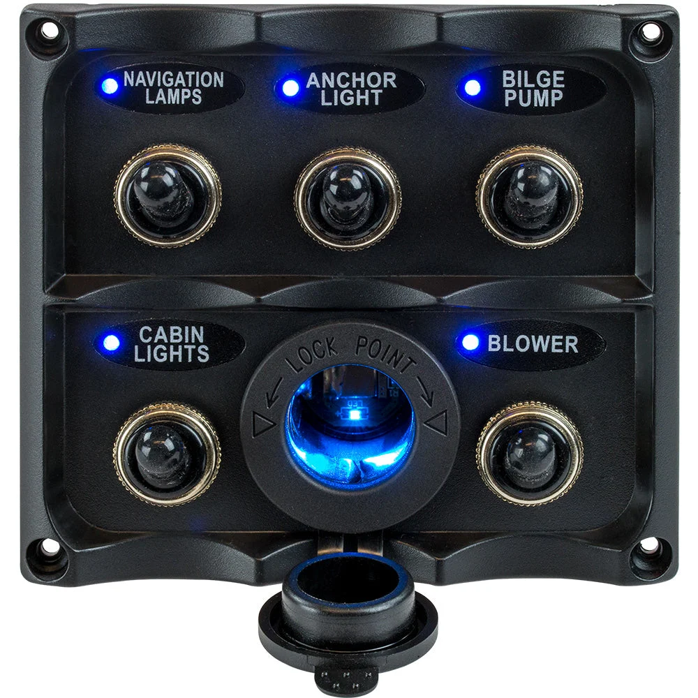 Sea-Dog Water Resistant Toggle Switch Panel w/LED Power Socket - 5 Toggle – Marine Electrical Replacement Part