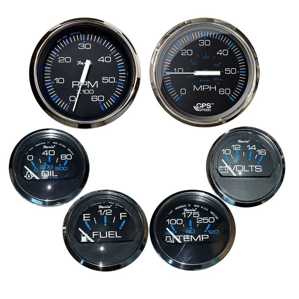 Faria Beede Instruments Inboard Chesapeake Black w/Stainless Steel Bezel Boxed Set of 6 - Speed, Tach, Fuel Level, Voltmeter, W