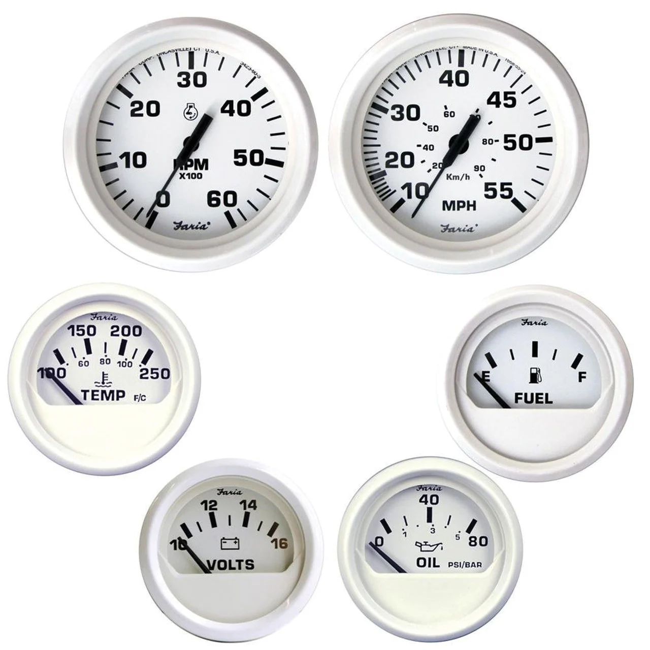 Faria KT9797 Dress White Inboard 6-Gauge Boxed Set - Speedometer/Tachometer/Fuel Level/Voltmeter/Water Temp/Oil PSI - KT9797