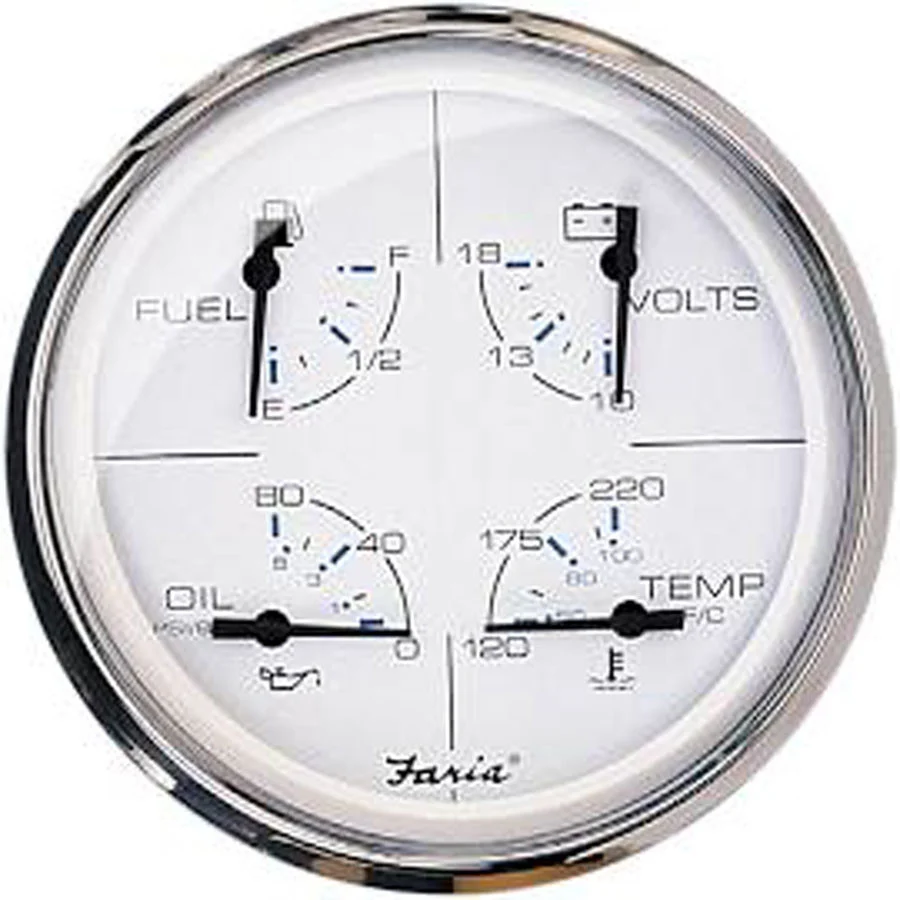 Faria 33864 Chesapeake Stainless Steel Multifunction Fuel Level/Oil PSI (80 PSI)/Water Temp (100-250°F)/Voltmeter (10-16 VDC) - 5", White - 33864