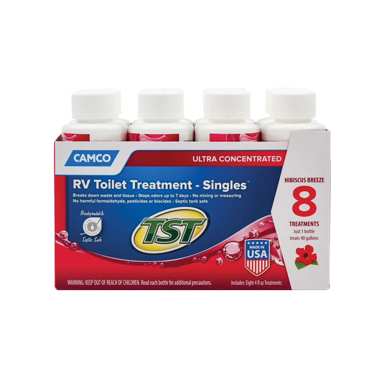 Camco 41601 Tst Ultra Concentrated Rv Toilet Treatment Singles - Hibiscus Breeze Scent, 8 X 4 Oz. Bottle - 41601