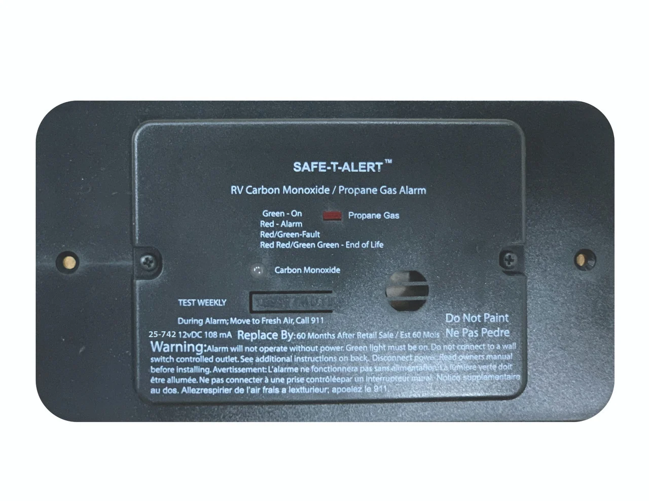 Safe-t-alert 25-742-bl-tr Flush Mount Combination Carbon Monoxide/propane Alarm With Trim Ring 12v Dc Hard Wire - Black - 25-742-BL-TR