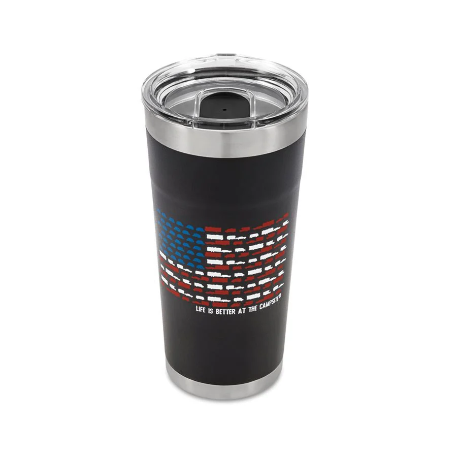 Camco 53065 Stainless Steel Insulated Twist Top Tumbler - Charcoal, US Flag RV Print, 20 oz. - 53065