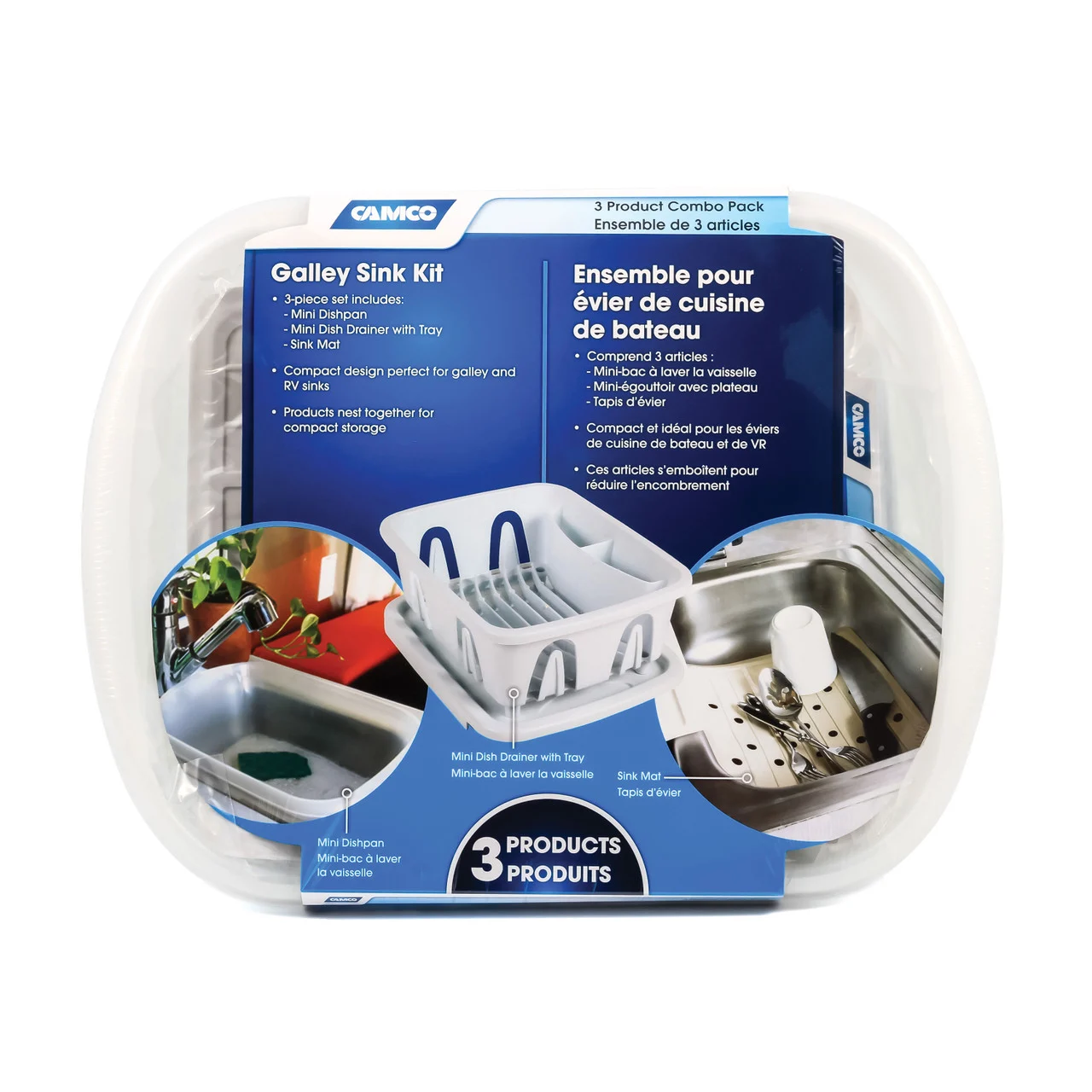 Camco 43517 Sink Kit with Dish Drainer, Dish Pan and Sink Mat - White - 43517