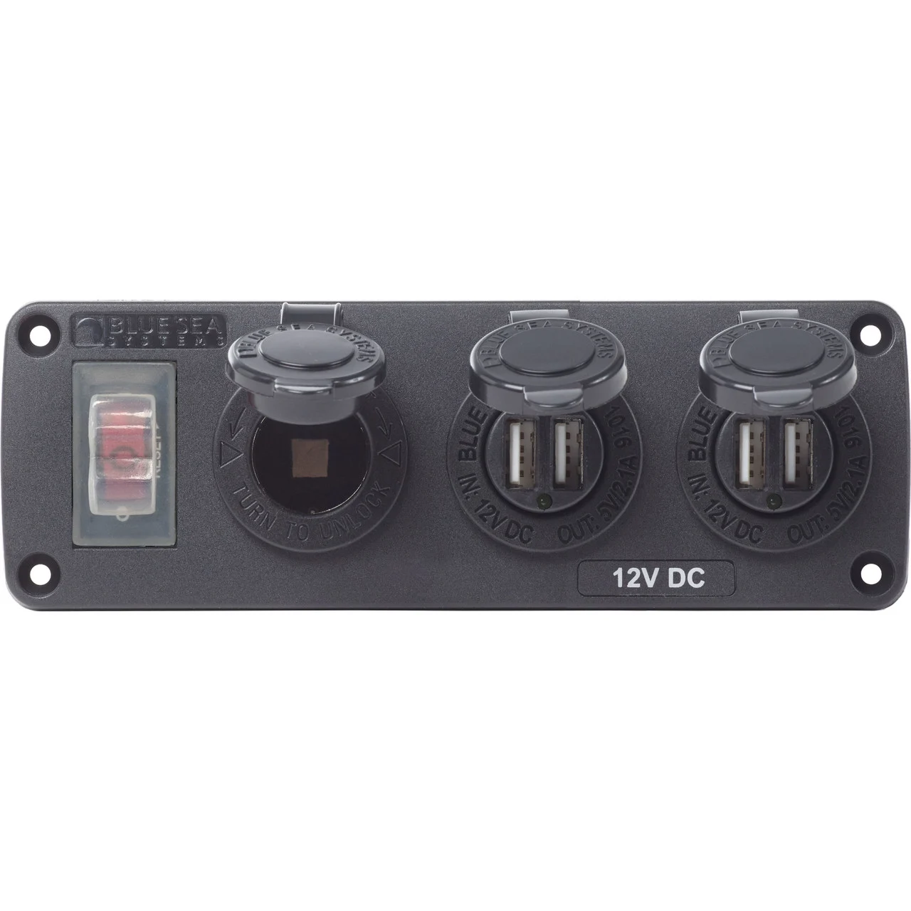Blue Sea Systems 4365-BSS Water-Resistant Accessory Panel - 15A Circuit Breaker, 12V Socket, 2x 2.1A Dual USB Chargers - 4365-BSS