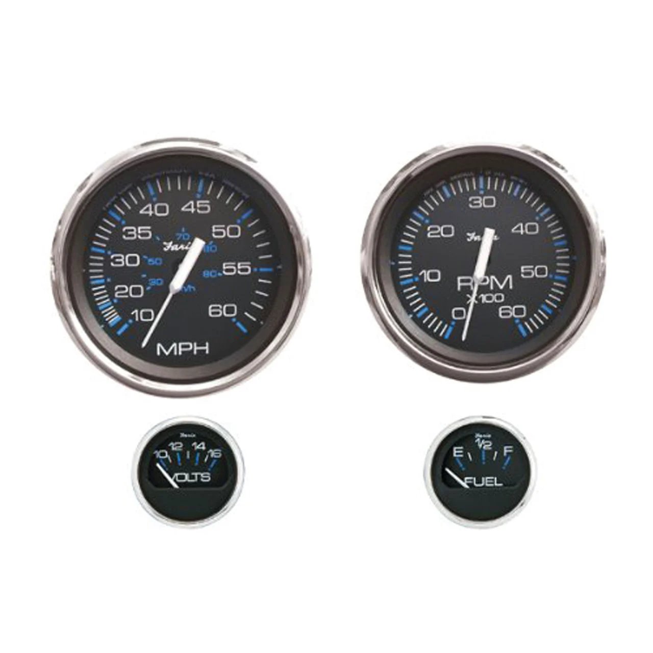 Faria KTF004 Chesapeake Stainless Steel Outboard 4-Gauge Boxed Set - Speedometer/Tachometer/Fuel Level/Voltmeter, Black - KTF004